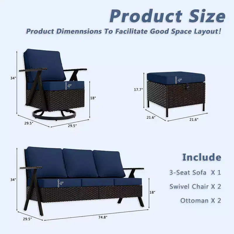 Ensemble de sièges d'extérieur UPTIOT 5 pièces : canapé 3 places, 2 fauteuils pivotants à bascule et 2 poufs pour un confort optimal sur votre terrasse