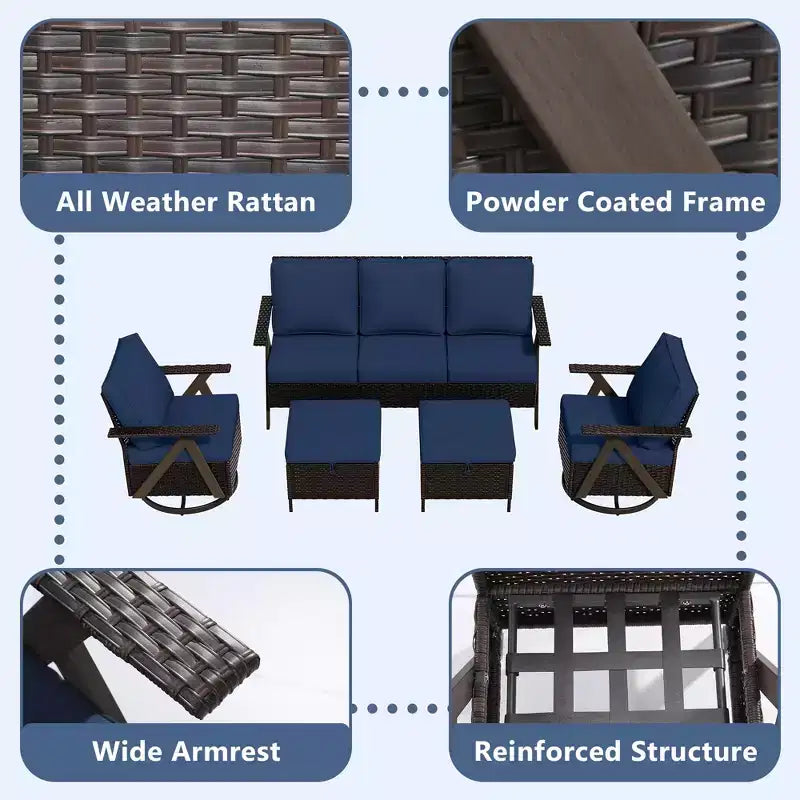 Ensemble de sièges d'extérieur UPTIOT 5 pièces : canapé 3 places, 2 fauteuils pivotants à bascule et 2 poufs pour un confort optimal sur votre terrasse
