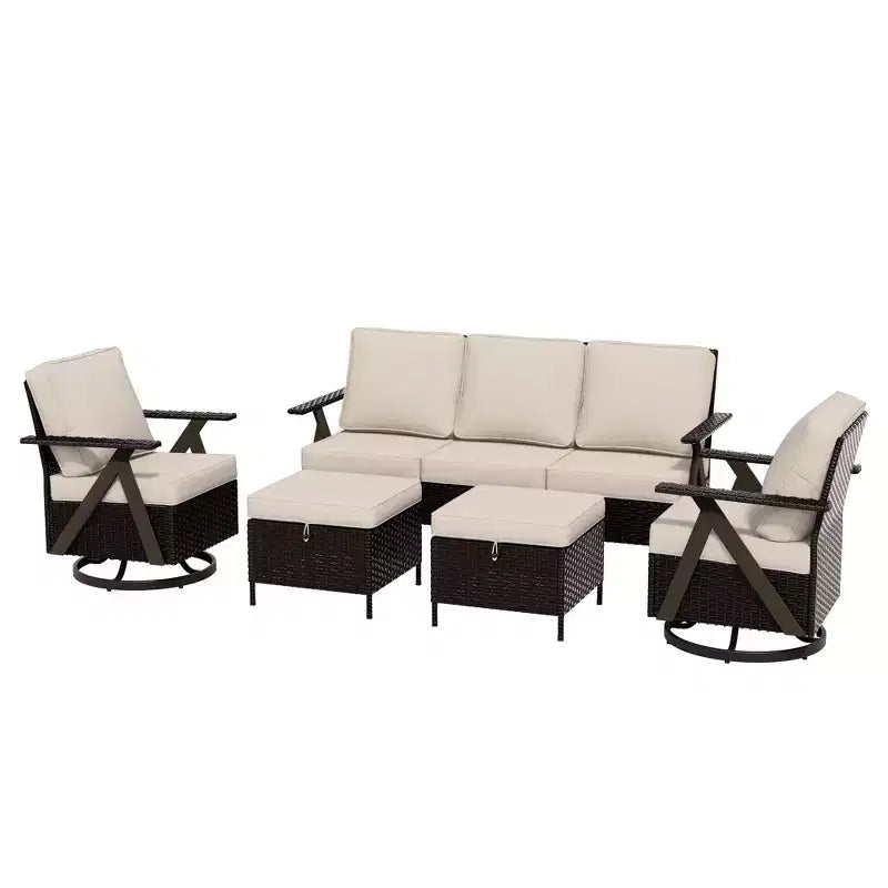 Ensemble de sièges d'extérieur UPTIOT 5 pièces : canapé 3 places, 2 fauteuils pivotants à bascule et 2 poufs pour un confort optimal sur votre terrasse