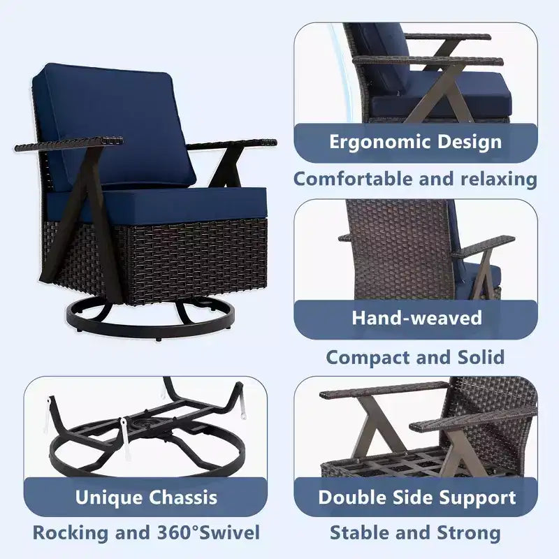 Ensemble de sièges d'extérieur UPTIOT 5 pièces : canapé 3 places, 2 fauteuils pivotants à bascule et 2 poufs pour un confort optimal sur votre terrasse