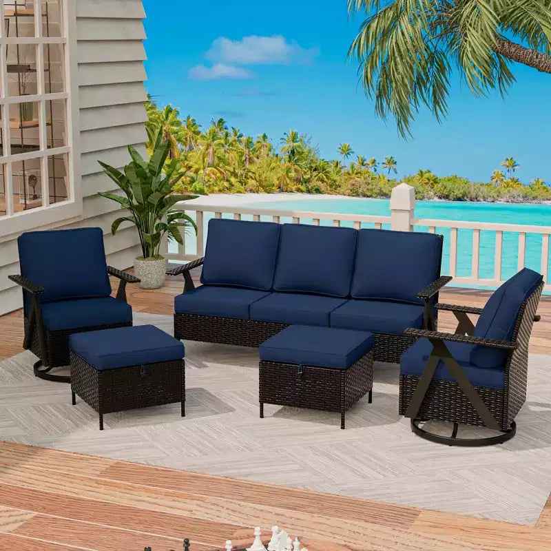 Ensemble de sièges d'extérieur UPTIOT 5 pièces : canapé 3 places, 2 fauteuils pivotants à bascule et 2 poufs pour un confort optimal sur votre terrasse