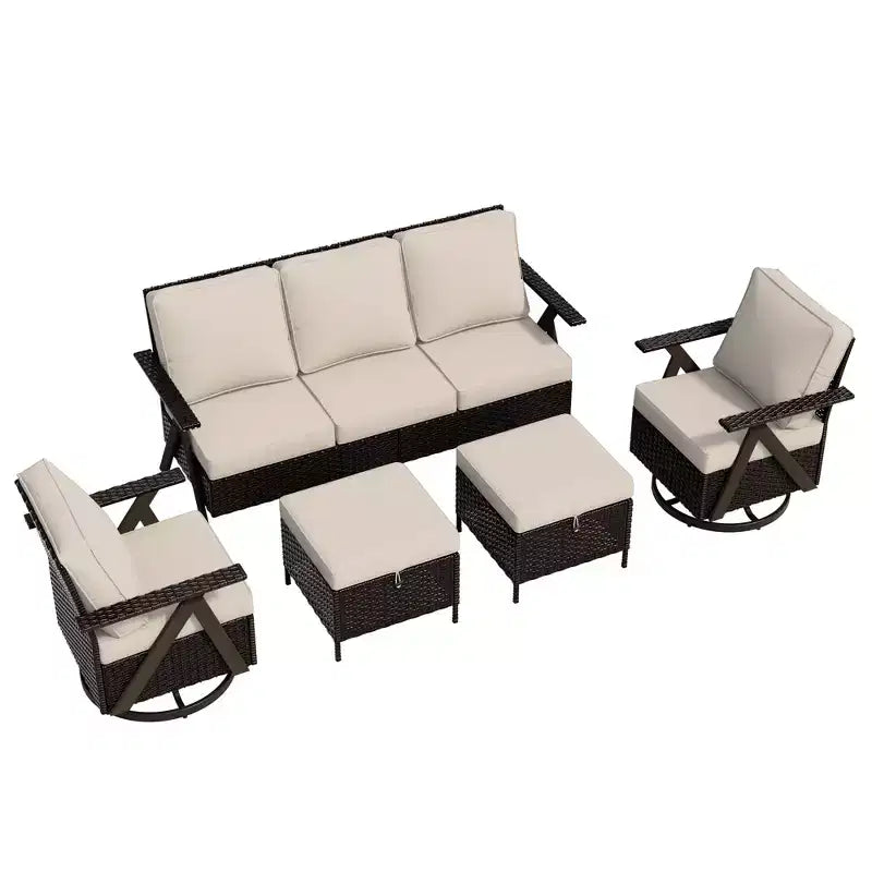 Ensemble de sièges d'extérieur UPTIOT 5 pièces : canapé 3 places, 2 fauteuils pivotants à bascule et 2 poufs pour un confort optimal sur votre terrasse