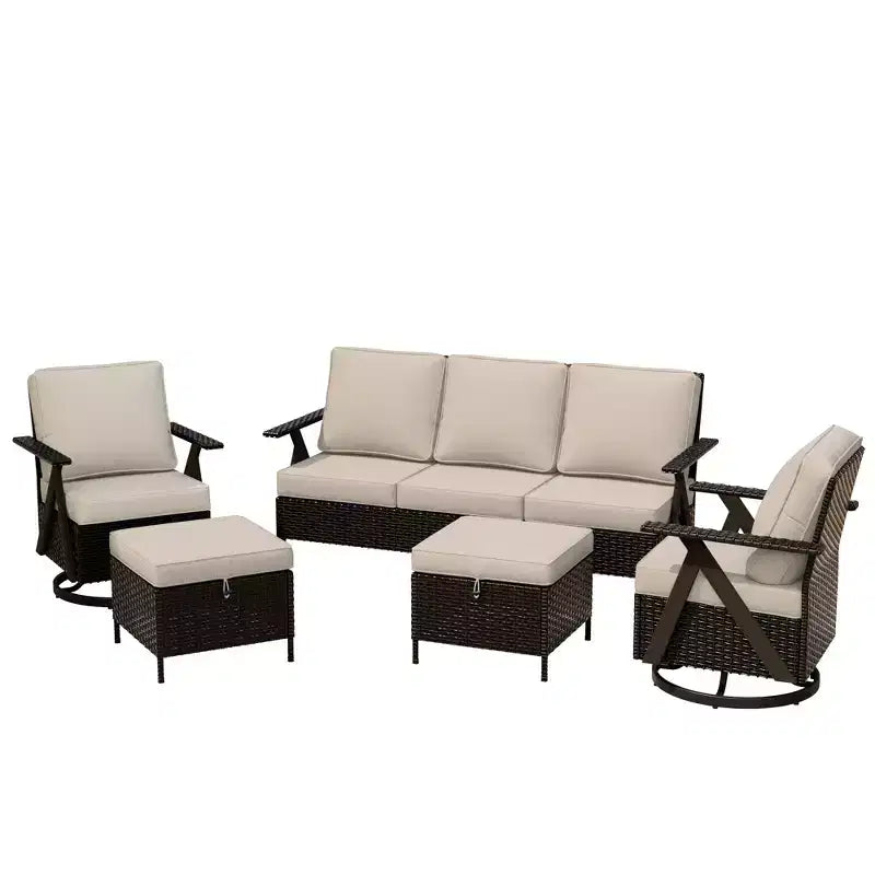 Ensemble de sièges d'extérieur UPTIOT 5 pièces : canapé 3 places, 2 fauteuils pivotants à bascule et 2 poufs pour un confort optimal sur votre terrasse