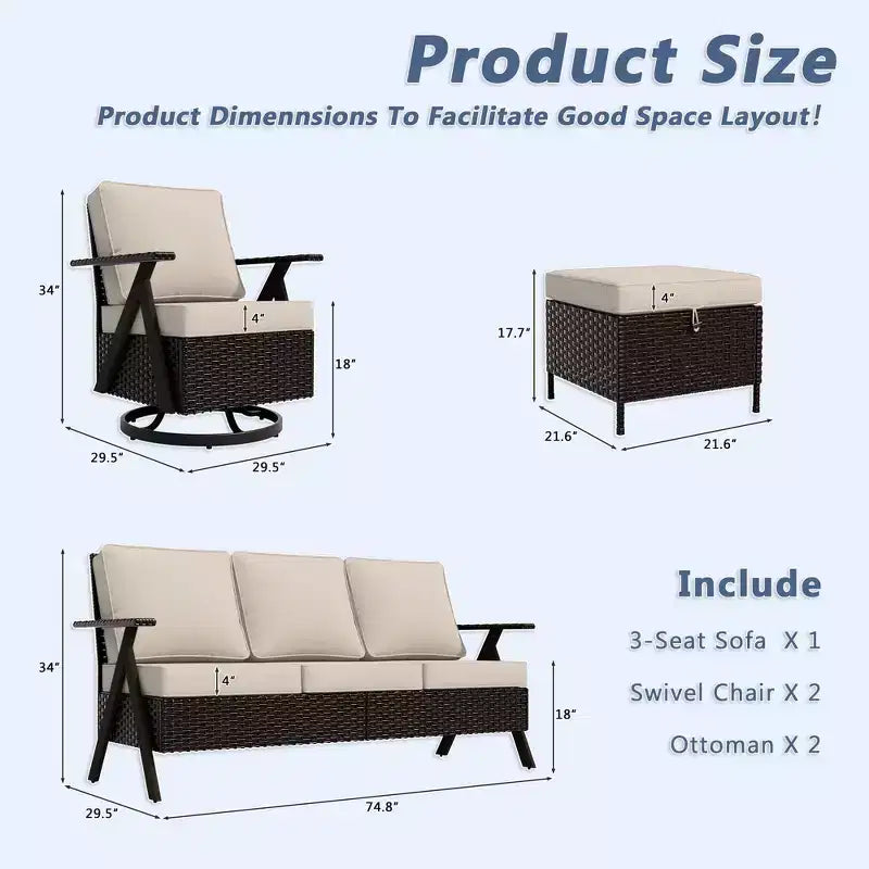 Ensemble de sièges d'extérieur UPTIOT 5 pièces : canapé 3 places, 2 fauteuils pivotants à bascule et 2 poufs pour un confort optimal sur votre terrasse
