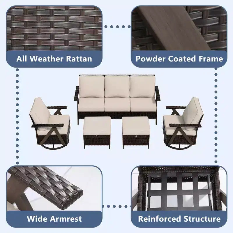 Ensemble de sièges d'extérieur UPTIOT 5 pièces : canapé 3 places, 2 fauteuils pivotants à bascule et 2 poufs pour un confort optimal sur votre terrasse