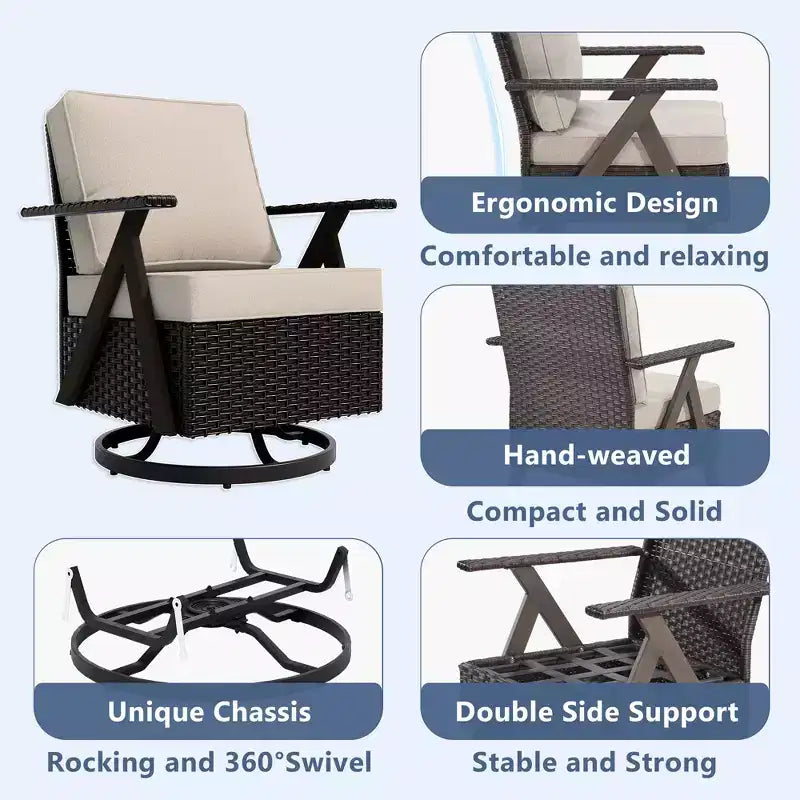Ensemble de sièges d'extérieur UPTIOT 5 pièces : canapé 3 places, 2 fauteuils pivotants à bascule et 2 poufs pour un confort optimal sur votre terrasse