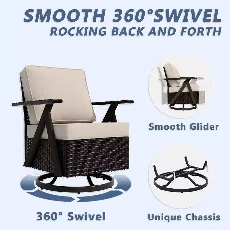 Ensemble de sièges d'extérieur UPTIOT 5 pièces : canapé 3 places, 2 fauteuils pivotants à bascule et 2 poufs pour un confort optimal sur votre terrasse