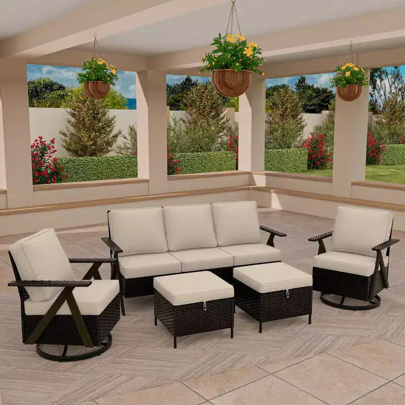 UPTIOT Outdoor 5-Piece Seating Set: 3-Seater Sofa, 2 Swivel Rockers & 2 Ottomans for Patio Comfort