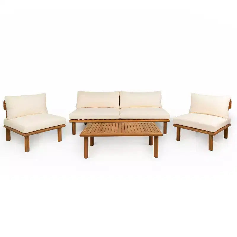 Ensemble de canapé d'extérieur moderne 4 pièces en bois d'acacia avec coussins épais Christopher Knight Home Emma