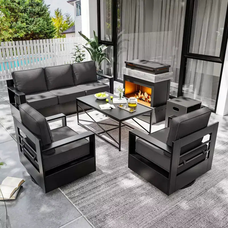 Ensemble de patio 5 pièces UPTIOT : Canapé 3 places, 2 fauteuils pivotants, table brasero et table basse avec tissu Olefin résistant aux UV