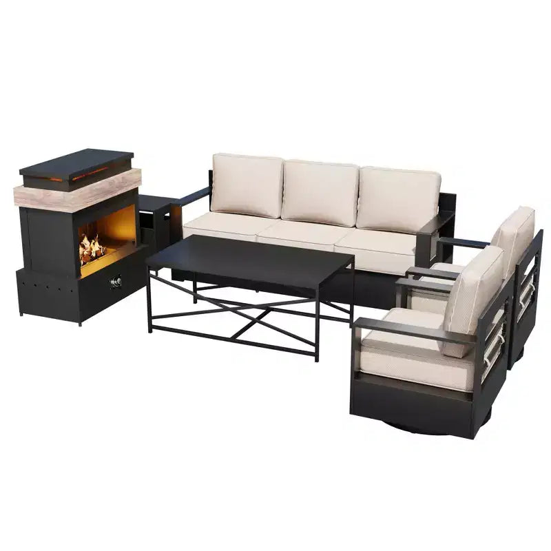Ensemble de patio 5 pièces UPTIOT : Canapé 3 places, 2 fauteuils pivotants, table brasero et table basse avec tissu Olefin résistant aux UV