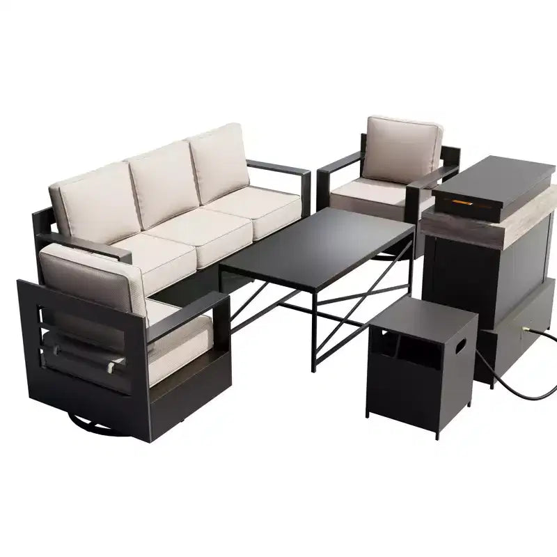 Ensemble de patio 5 pièces UPTIOT : Canapé 3 places, 2 fauteuils pivotants, table brasero et table basse avec tissu Olefin résistant aux UV