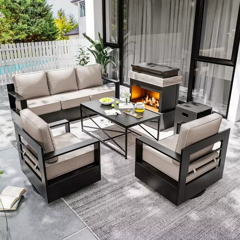 Ensemble de patio 5 pièces UPTIOT : Canapé 3 places, 2 fauteuils pivotants, table brasero et table basse avec tissu Olefin résistant aux UV