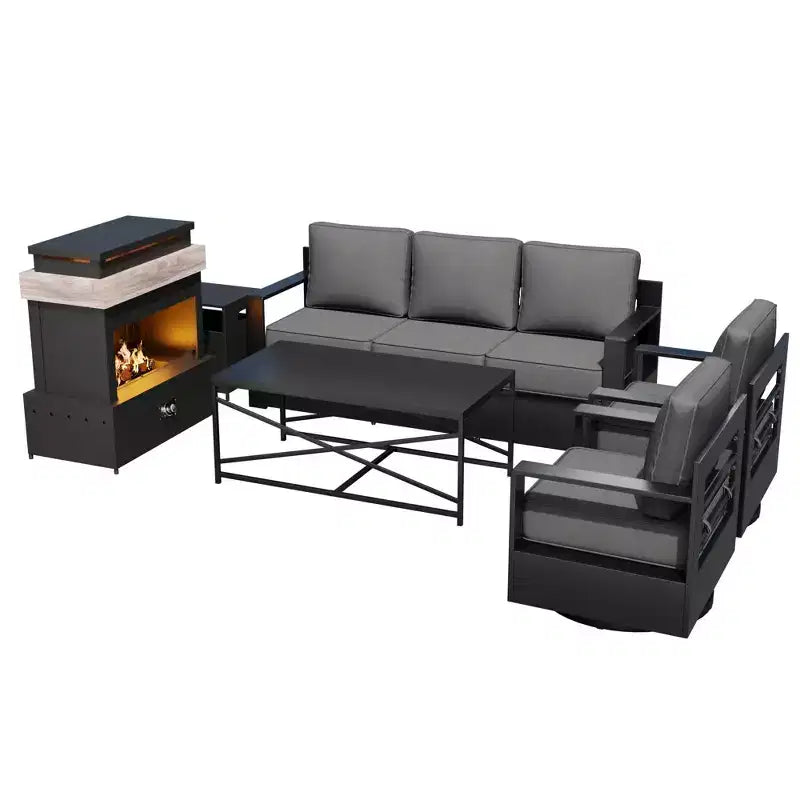 Ensemble de patio 5 pièces UPTIOT : Canapé 3 places, 2 fauteuils pivotants, table brasero et table basse avec tissu Olefin résistant aux UV