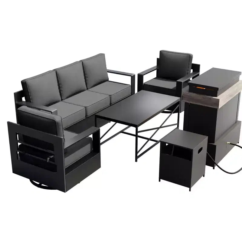 Ensemble de patio 5 pièces UPTIOT : Canapé 3 places, 2 fauteuils pivotants, table brasero et table basse avec tissu Olefin résistant aux UV