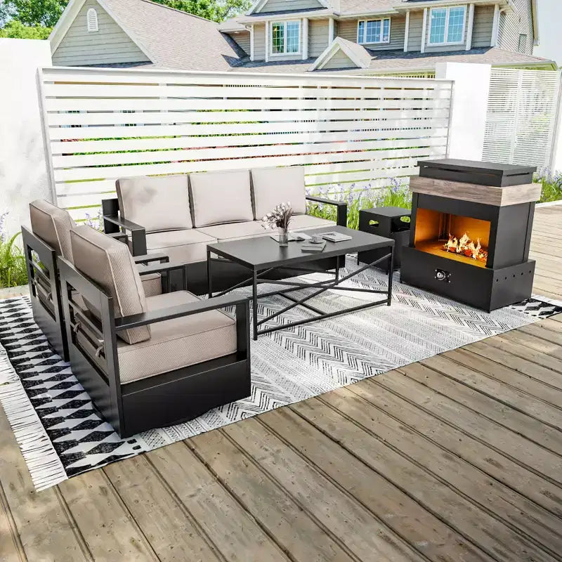UPTIOT 5-Piece Patio Set: 3-Seat Sofa, 2 Swivel Chairs, Fire Table & Coffee Table with UV-Resistant Olefin Fabric