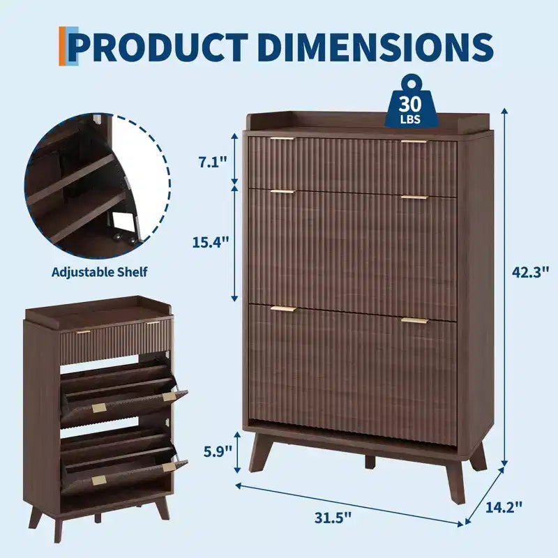 Fluted Shoe Storage Cabinet With 2 Flip Drawers, 48H Freestanding Hidden Shoe Organizer, Narrow Shoe Rack Cabinet For Hallway Living Room