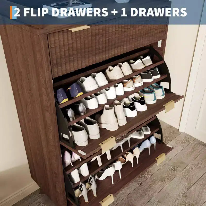 Fluted Shoe Storage Cabinet With 2 Flip Drawers, 48H Freestanding Hidden Shoe Organizer, Narrow Shoe Rack Cabinet For Hallway Living Room