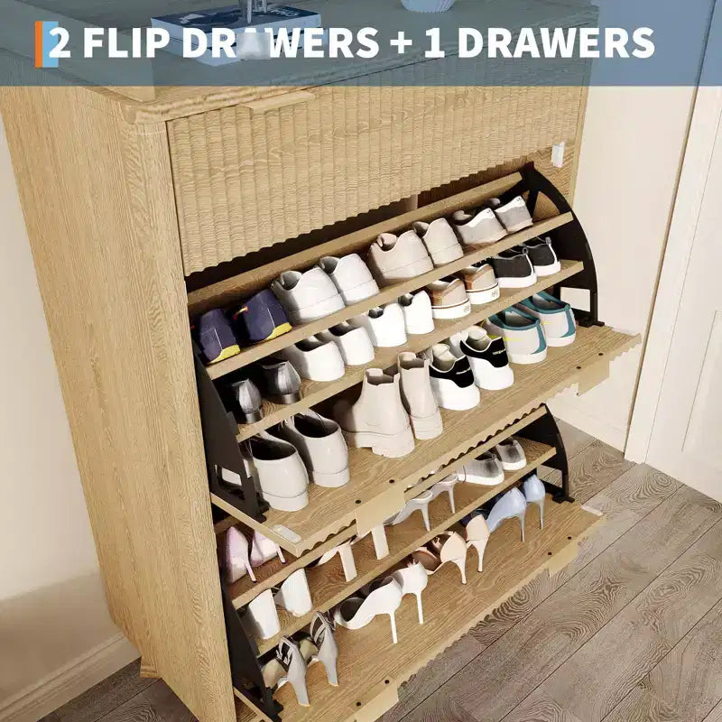 Fluted Shoe Storage Cabinet With 2 Flip Drawers, 48H Freestanding Hidden Shoe Organizer, Narrow Shoe Rack Cabinet For Hallway Living Room