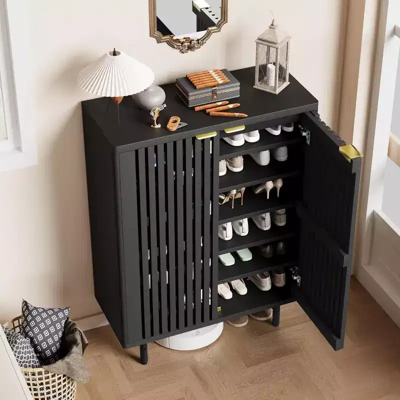 Narrow Shoe Cabinet with Breathable Louver Doors, 6-Tier Hidden Shoe Rack, Freestanding, Black