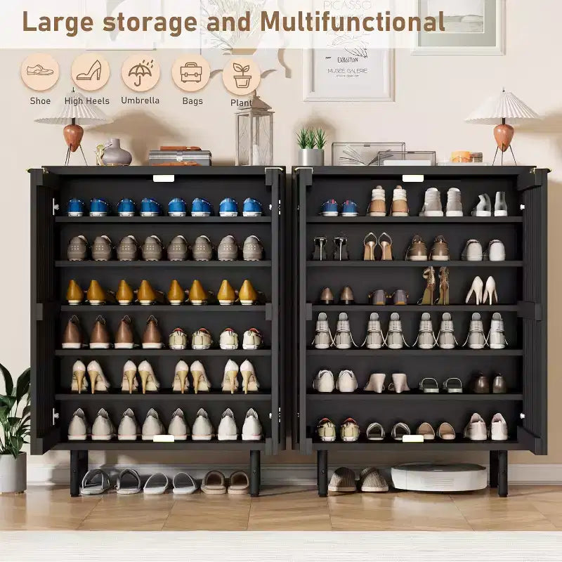 Narrow Shoe Cabinet with Breathable Louver Doors, 6-Tier Hidden Shoe Rack, Freestanding, Black