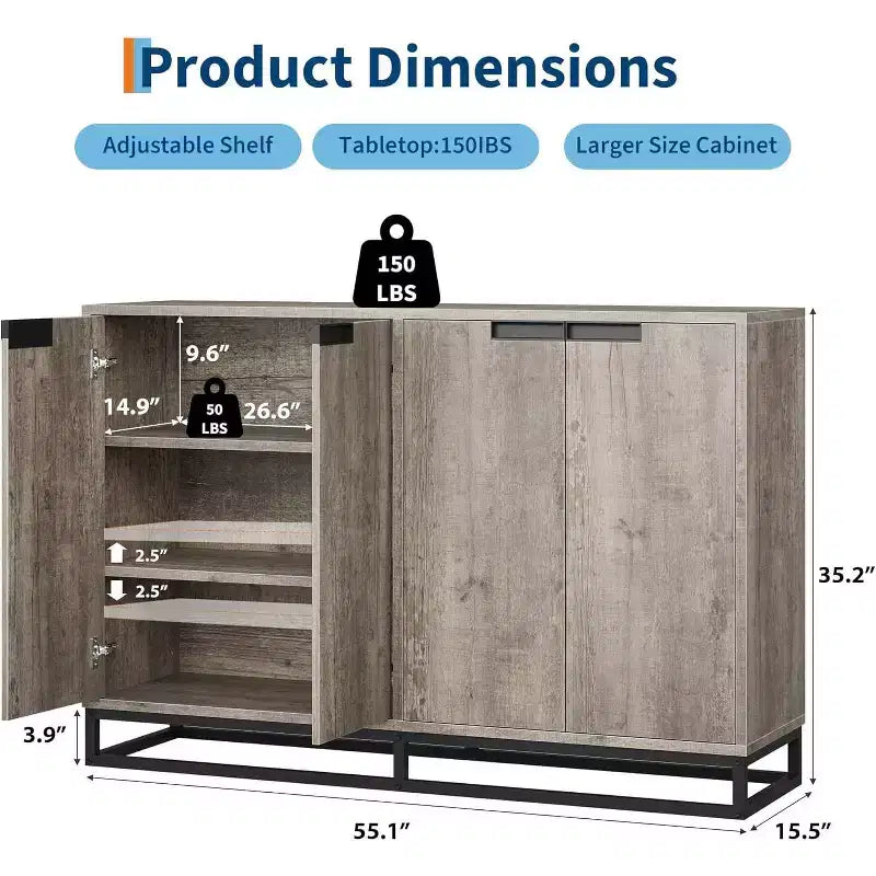 55Inch Sideboard Buffet Cabinet,Accent Cabinet with 4 Doors and Adjustable Shelves,Kitchen Sideboard Storage Cabinet,Dining Room,Entryway,Living Room