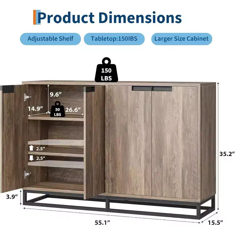 55Inch Sideboard Buffet Cabinet,Accent Cabinet with 4 Doors and Adjustable Shelves,Kitchen Sideboard Storage Cabinet,Dining Room,Entryway,Living Room