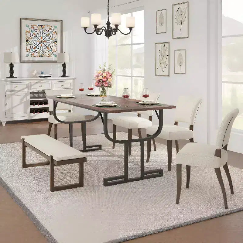 70.9 Inch Dining Table, Heavy Metal Support Legs, Wine Glass Leg Type Kitchen Table, Wear-Resistant Thickened Wooden Table Top for Dining Room
