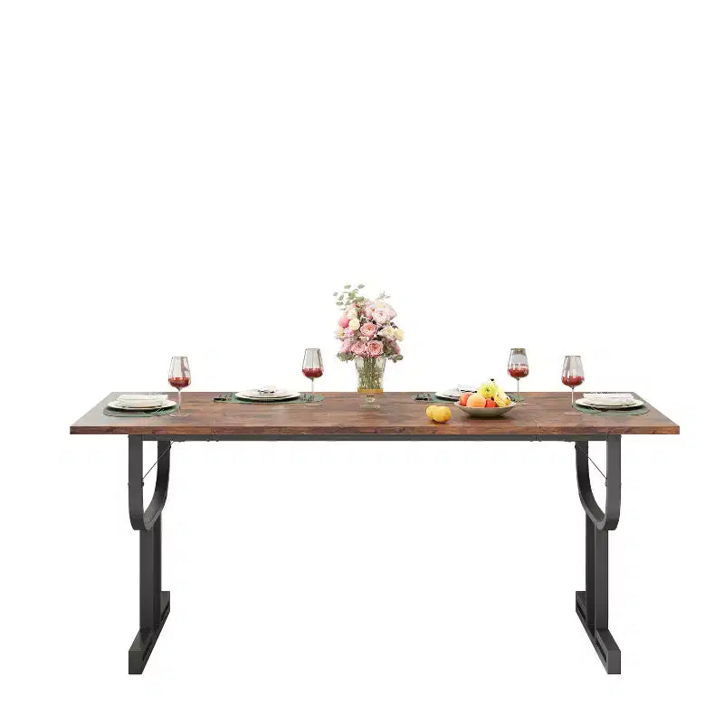 70.9 Inch Dining Table, Heavy Metal Support Legs, Wine Glass Leg Type Kitchen Table, Wear-Resistant Thickened Wooden Table Top for Dining Room