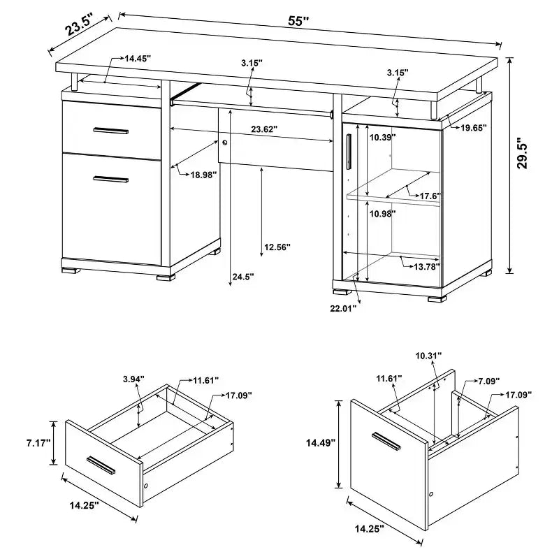 55" Wooden Writing Desk with 2 Drawers, 1 Cabinet, 1 Open Shelf and Door for Home Office or Study