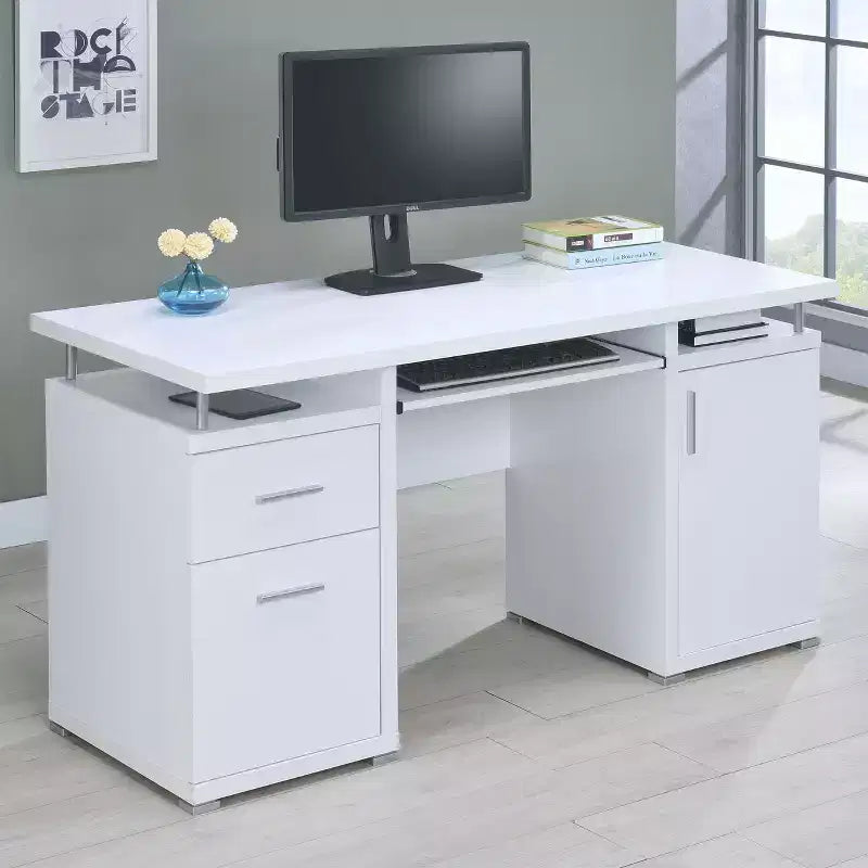 55" Wooden Writing Desk with 2 Drawers, 1 Cabinet, 1 Open Shelf and Door for Home Office or Study