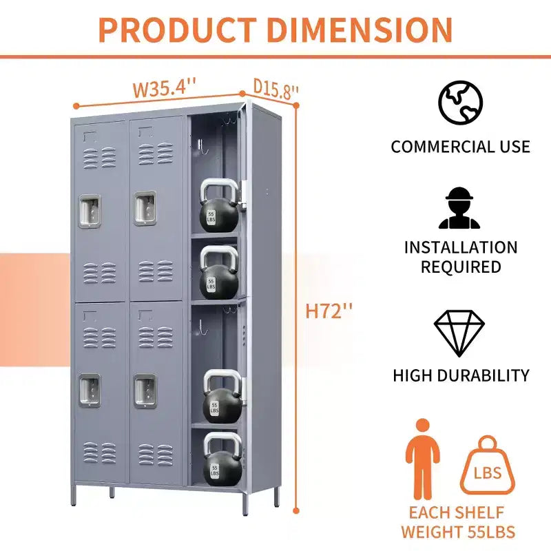 72"H 6-Door Metal Locker Cabinet, Gray Steel Storage with Independent Locks for Gym, Office or School
