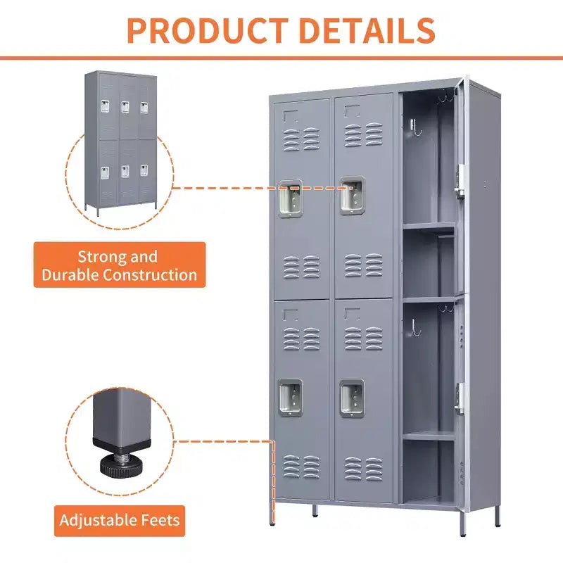 72"H 6-Door Metal Locker Cabinet, Gray Steel Storage with Independent Locks for Gym, Office or School
