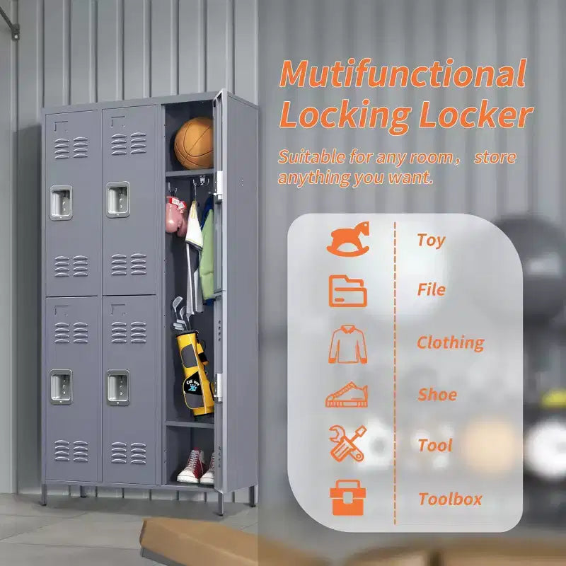 72"H 6-Door Metal Locker Cabinet, Gray Steel Storage with Independent Locks for Gym, Office or School