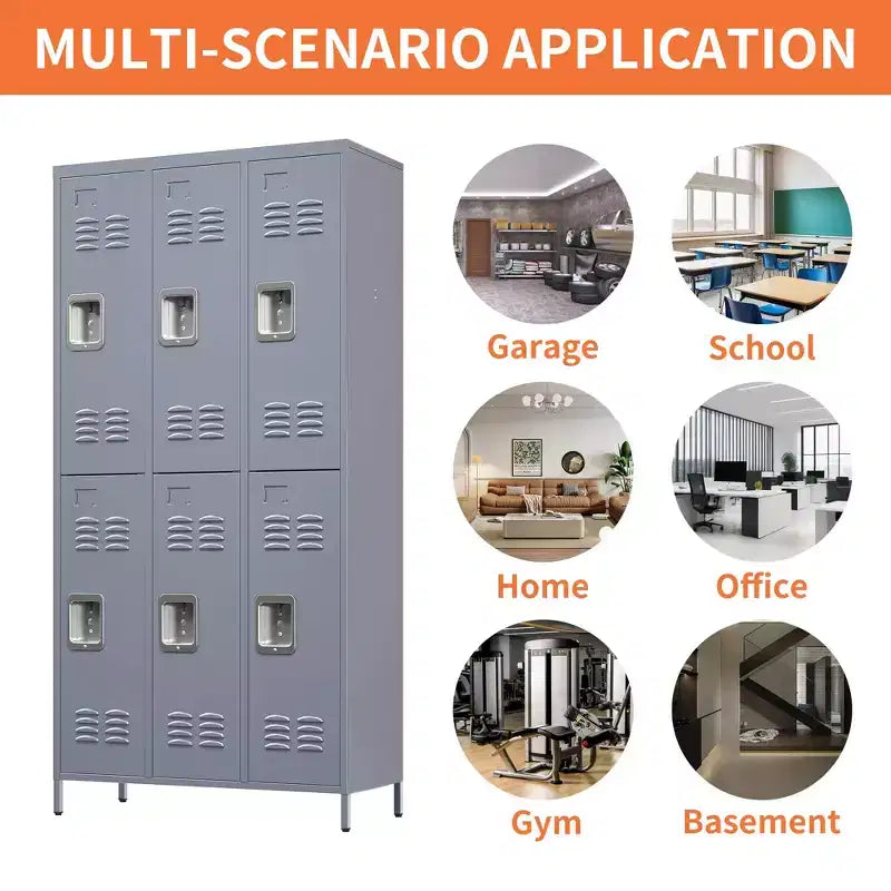 72"H 6-Door Metal Locker Cabinet, Gray Steel Storage with Independent Locks for Gym, Office or School
