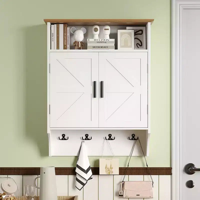 Wall-Mounted Bathroom Cabinet with Adjustable Shelves & Hooks, Space-Saving Storage, White