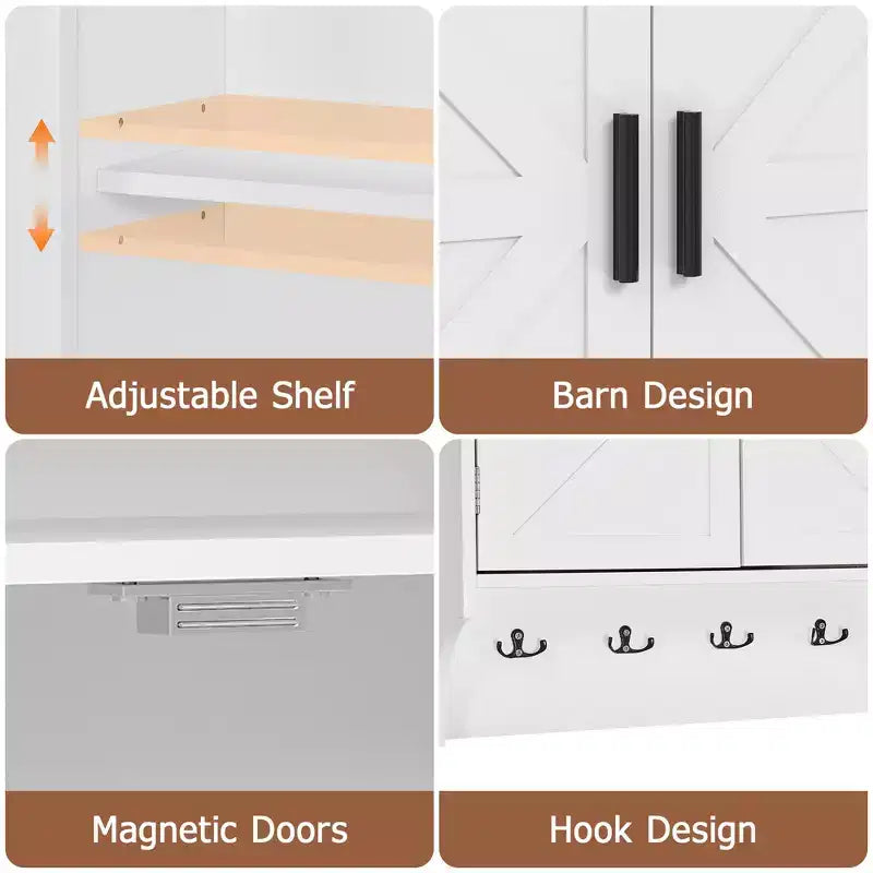Wall-Mounted Bathroom Cabinet with Adjustable Shelves & Hooks, Space-Saving Storage, White
