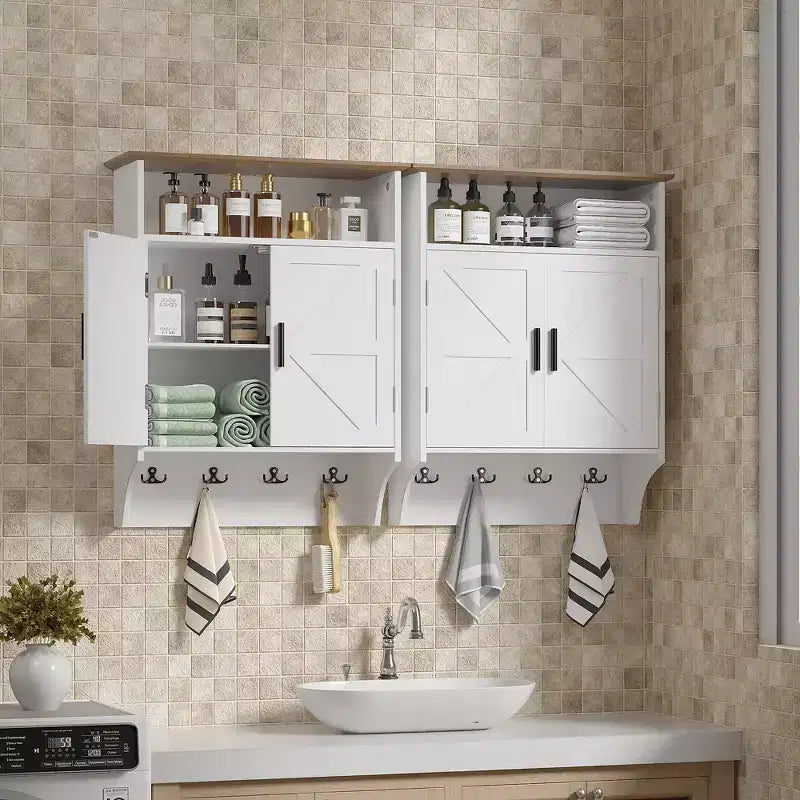 Wall-Mounted Bathroom Cabinet with Adjustable Shelves & Hooks, Space-Saving Storage, White