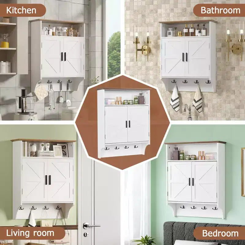 Wall-Mounted Bathroom Cabinet with Adjustable Shelves & Hooks, Space-Saving Storage, White