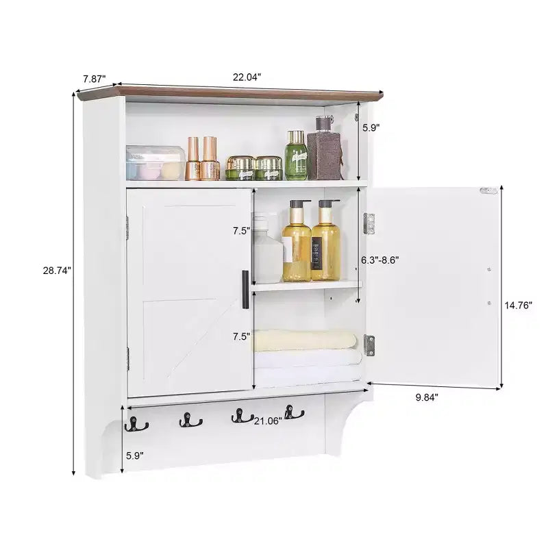 Wall-Mounted Bathroom Cabinet with Adjustable Shelves & Hooks, Space-Saving Storage, White