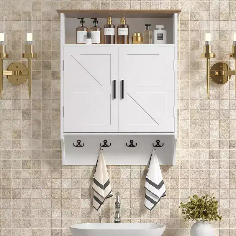 Wall-Mounted Bathroom Cabinet with Adjustable Shelves & Hooks, Space-Saving Storage, White