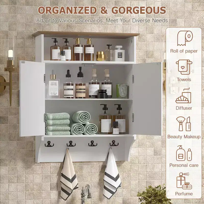 Wall-Mounted Bathroom Cabinet with Adjustable Shelves & Hooks, Space-Saving Storage, White