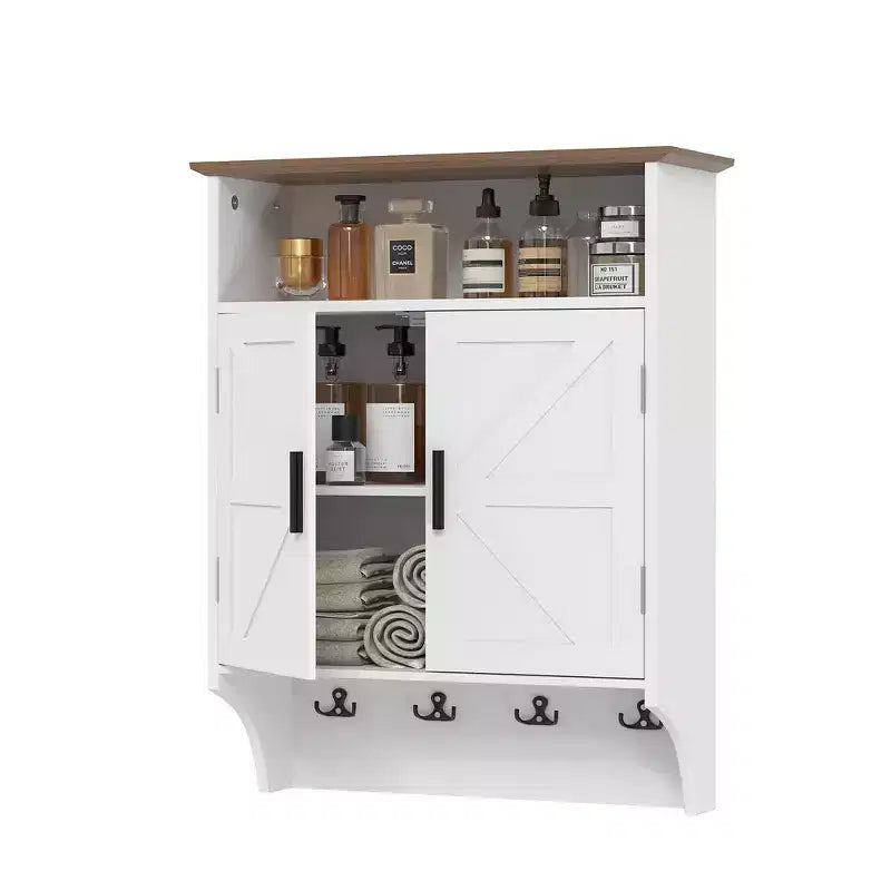 Wall-Mounted Bathroom Cabinet with Adjustable Shelves & Hooks, Space-Saving Storage, White