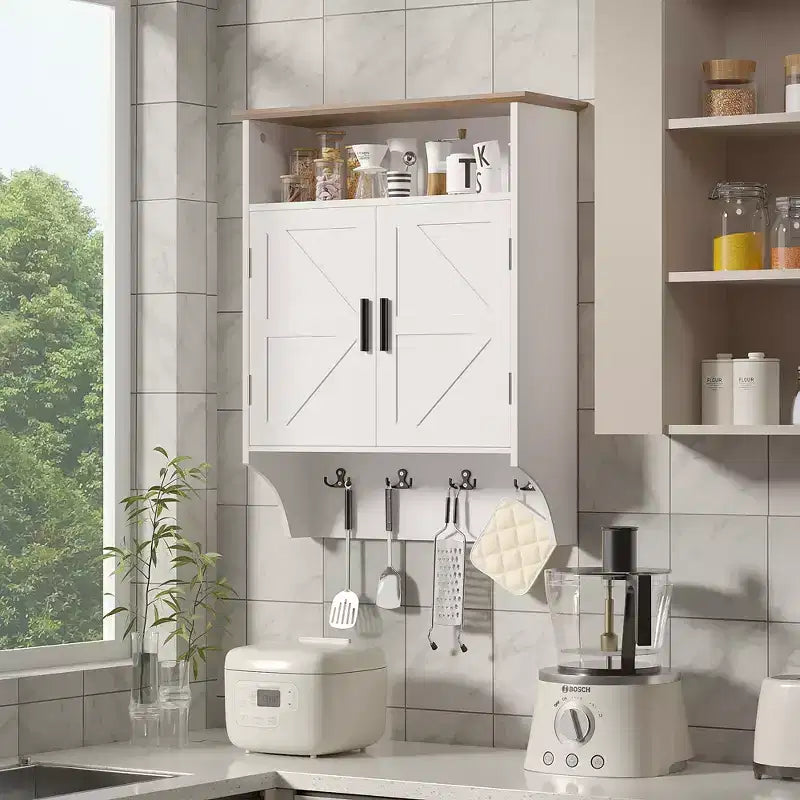 Wall-Mounted Bathroom Cabinet with Adjustable Shelves & Hooks, Space-Saving Storage, White