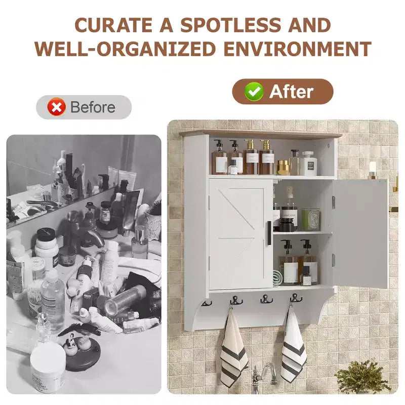 Wall-Mounted Bathroom Cabinet with Adjustable Shelves & Hooks, Space-Saving Storage, White