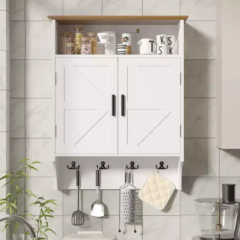 Wall-Mounted Bathroom Cabinet with Adjustable Shelves & Hooks, Space-Saving Storage, White