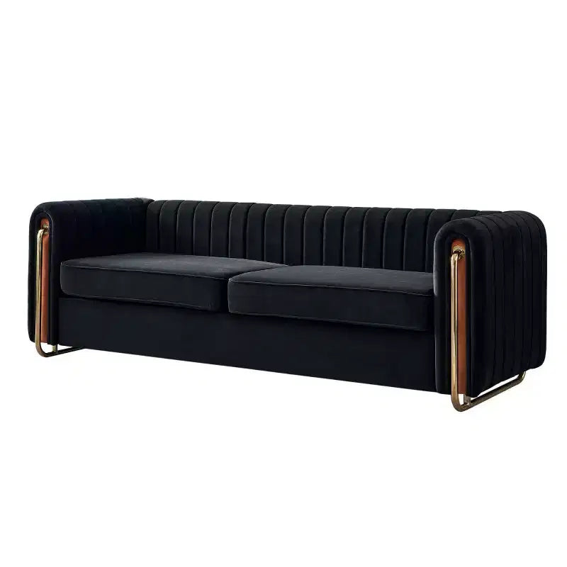 84" Modern Velvet Upholstered 3-Seater Sofa with Gold Metal Legs and Rolled Arms for Living Room
