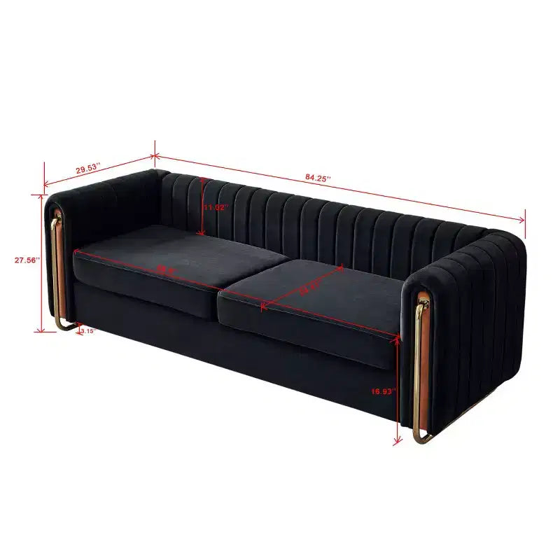 84" Modern Velvet Upholstered 3-Seater Sofa with Gold Metal Legs and Rolled Arms for Living Room