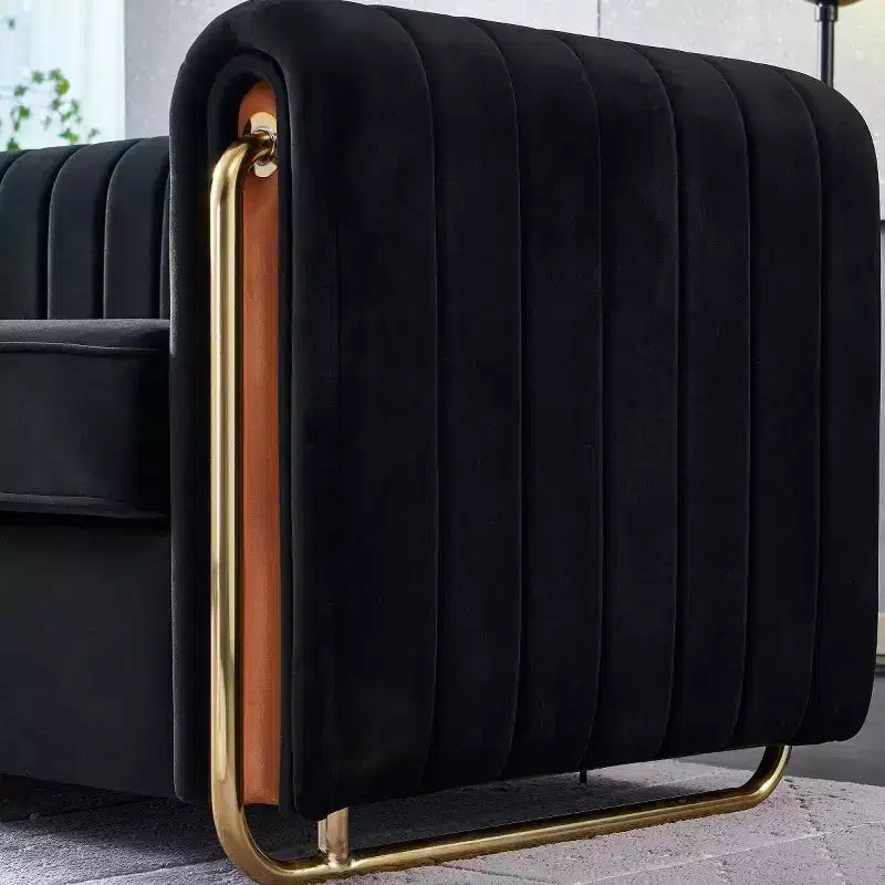 84" Modern Velvet Upholstered 3-Seater Sofa with Gold Metal Legs and Rolled Arms for Living Room