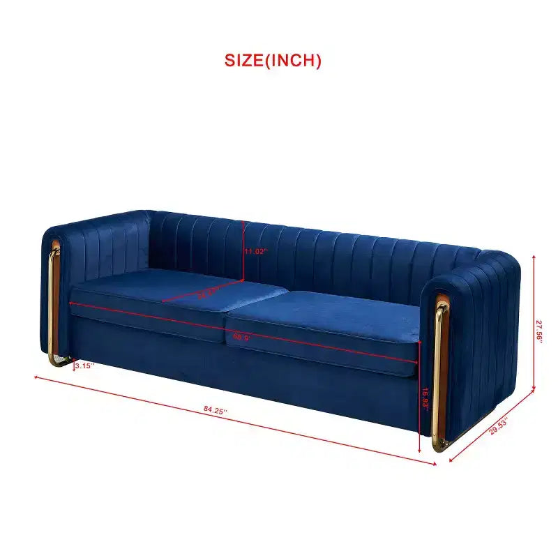 84" Modern Velvet Upholstered 3-Seater Sofa with Gold Metal Legs and Rolled Arms for Living Room